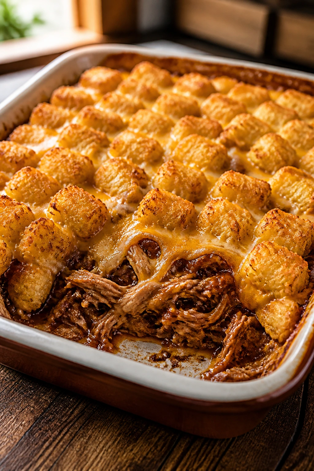 Close up of pulled pork tater tot casserole with cheese topping in a baking dish