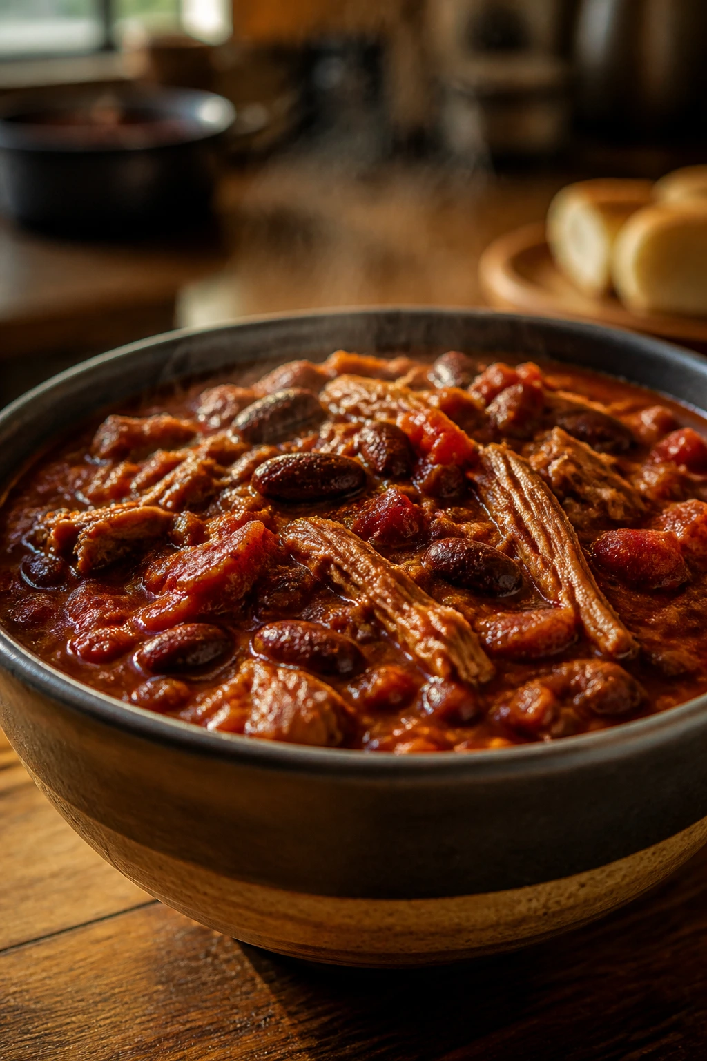 Close-up of smoky pulled pork chili in a bowl with beans