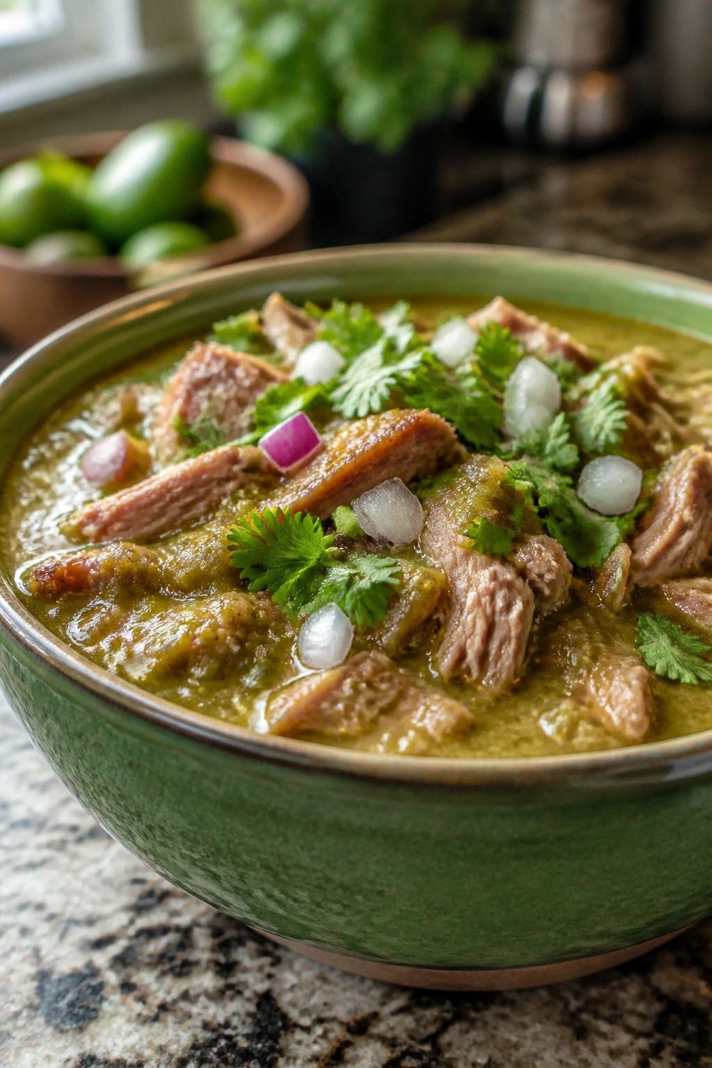 Close-up of Pulled Pork Chili Verde with green tomatillo sauce and pork