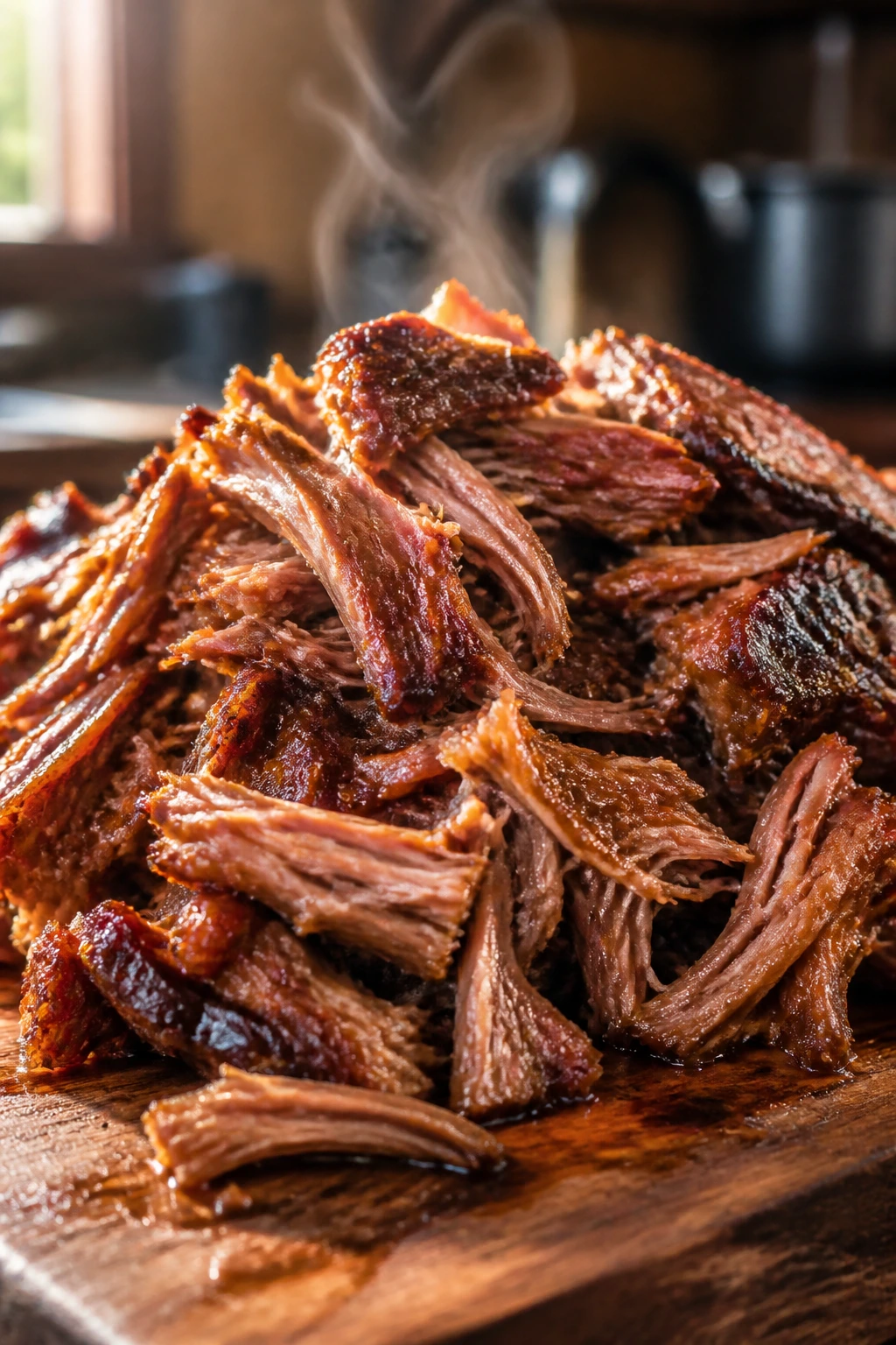 Close-up of glossy pulled pork on a wooden board, showing texture and moisture