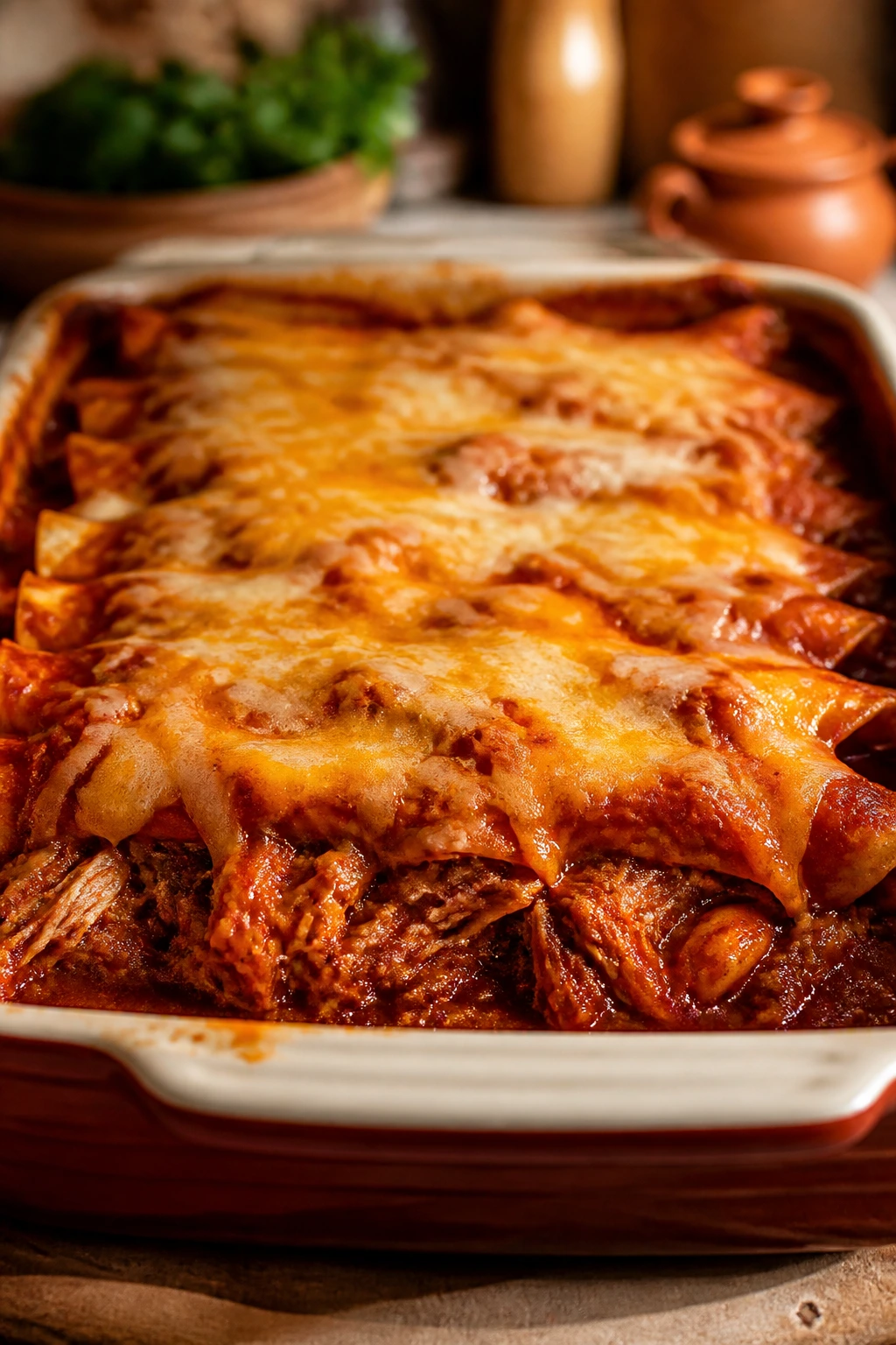 Pan of pulled pork enchiladas with red sauce and cheese