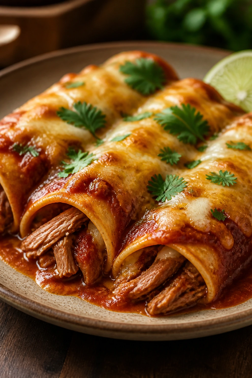 Close-up of pulled pork enchiladas on a plate