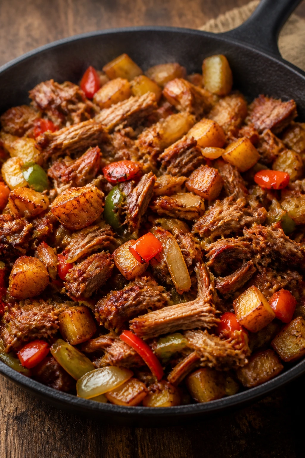 Close-up of pulled pork hash with crispy potatoes in a cast-iron skillet