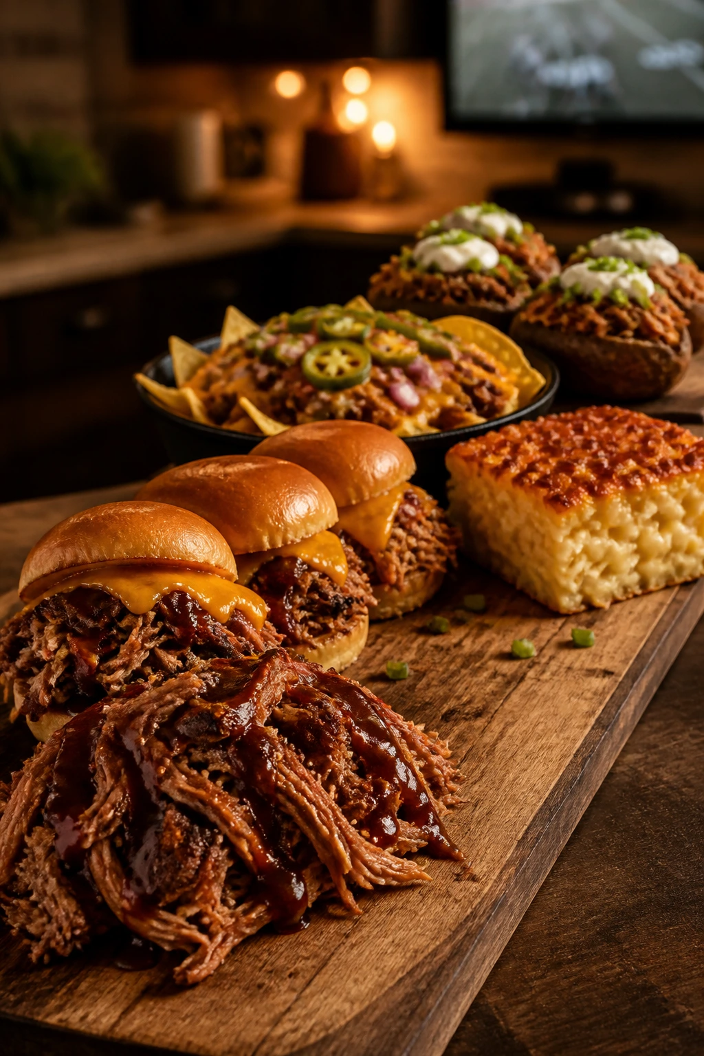 Close-up of a lineup of pulled pork dinners on a rustic board for game day