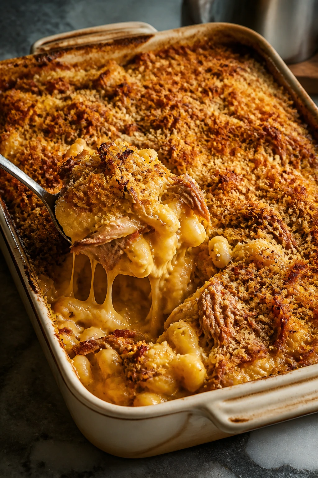Bubbly pulled pork mac and cheese bake with breadcrumb topping