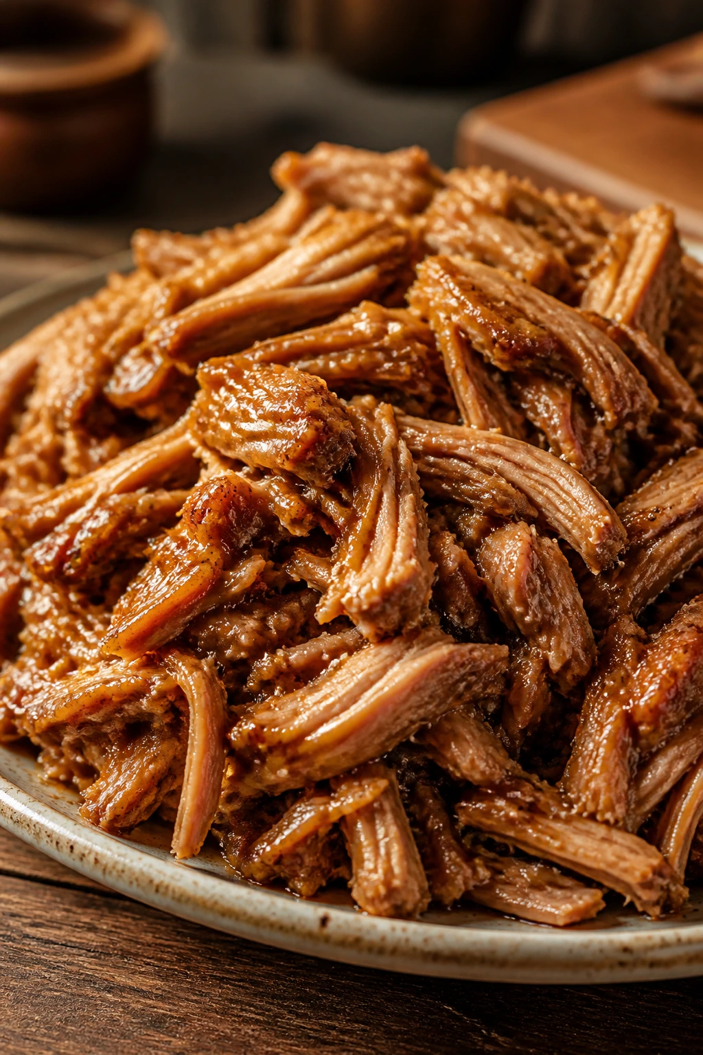 Maple-Dijon pulled pork on a plate with glossy glaze