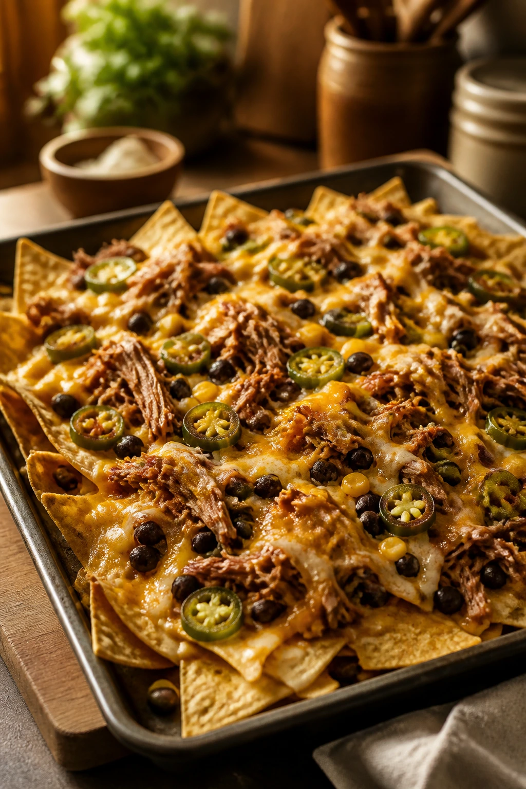 Nachos piled with pulled pork and melted cheese in a warm kitchen setting