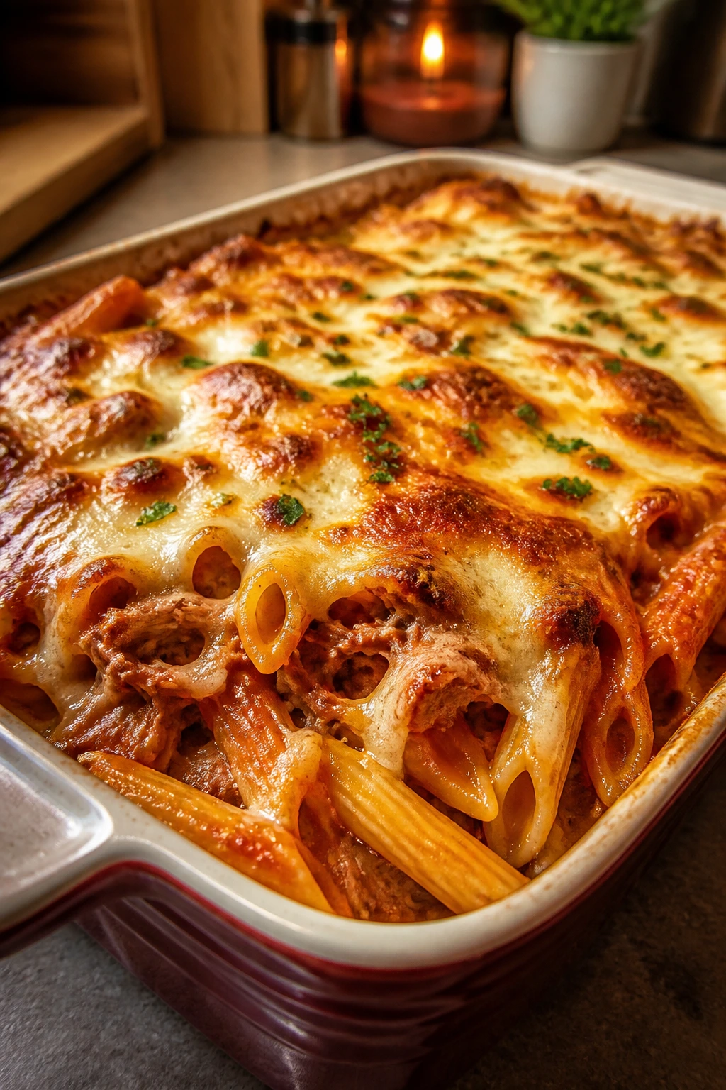 Close-up of pulled pork pasta bake with melted cheese