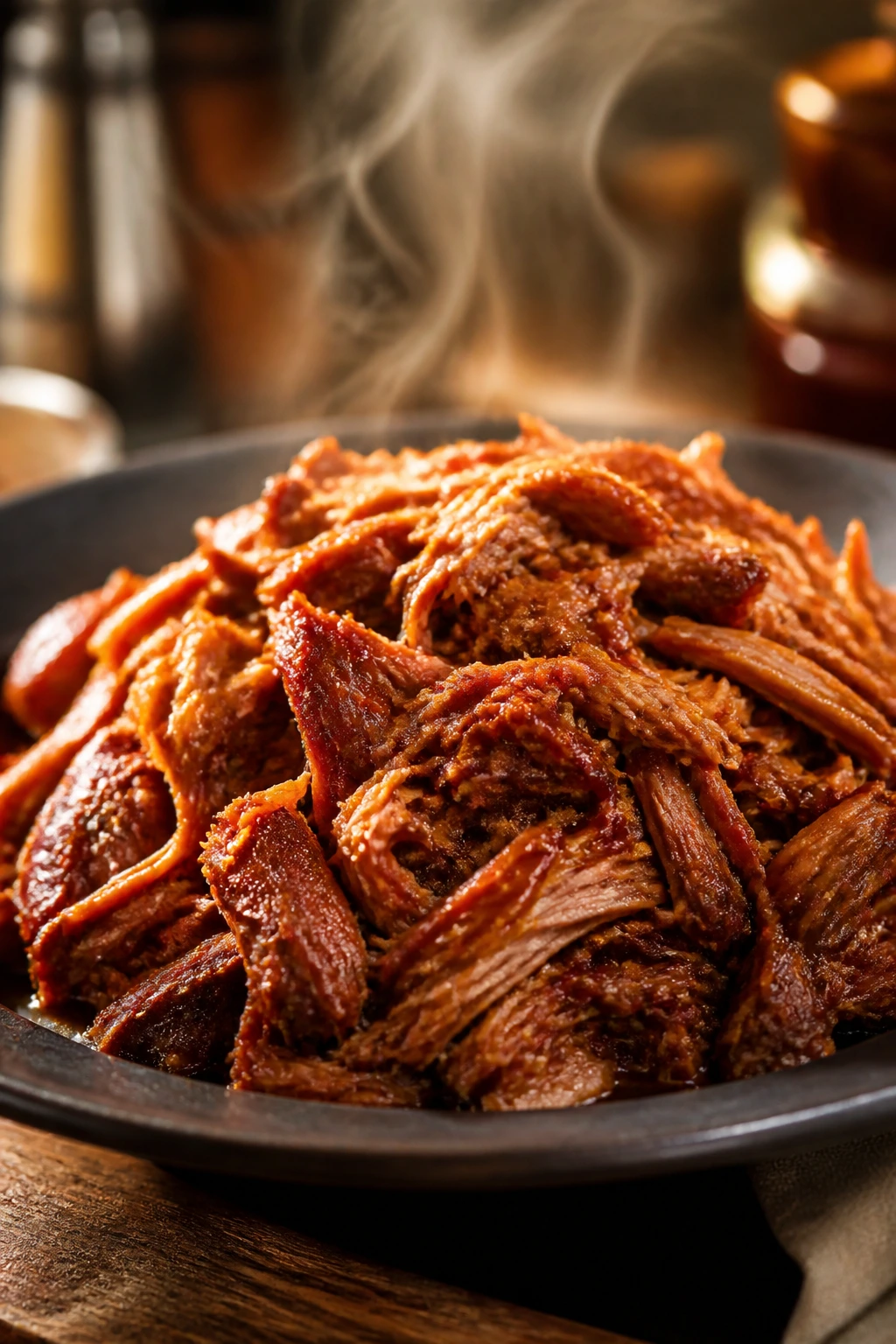 Close up of shredded pulled pork on plate with steam