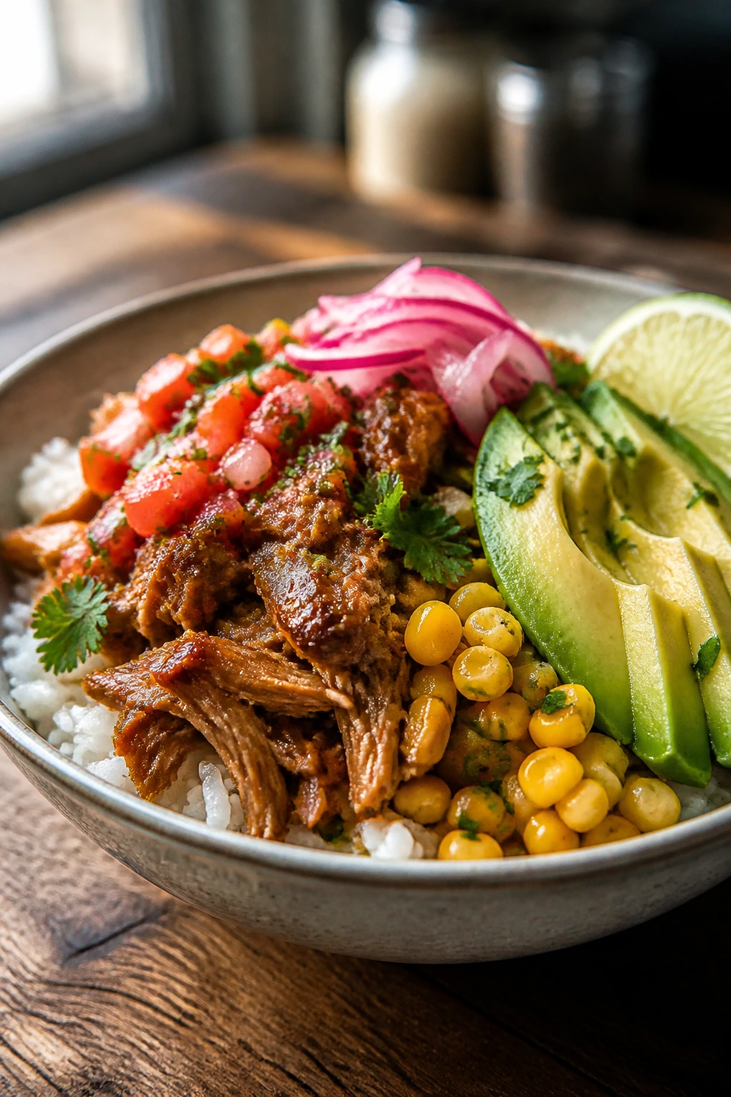 Close-up of a pulled pork rice bowl with corn and avocado