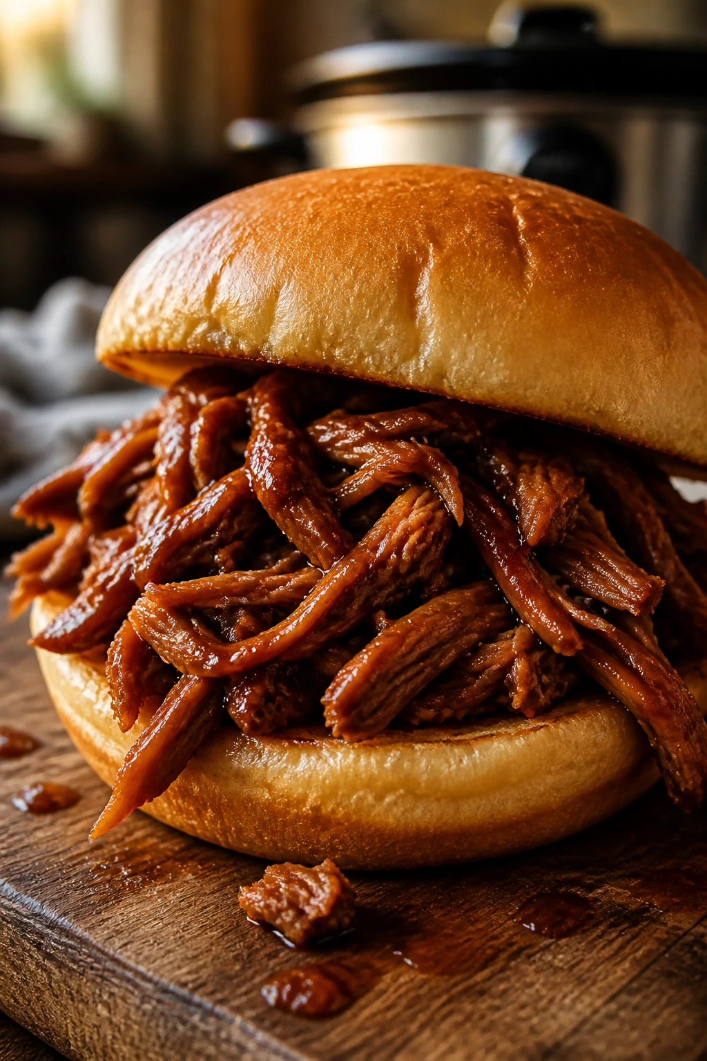 Pulled pork sandwich with glossy meat between a bun.