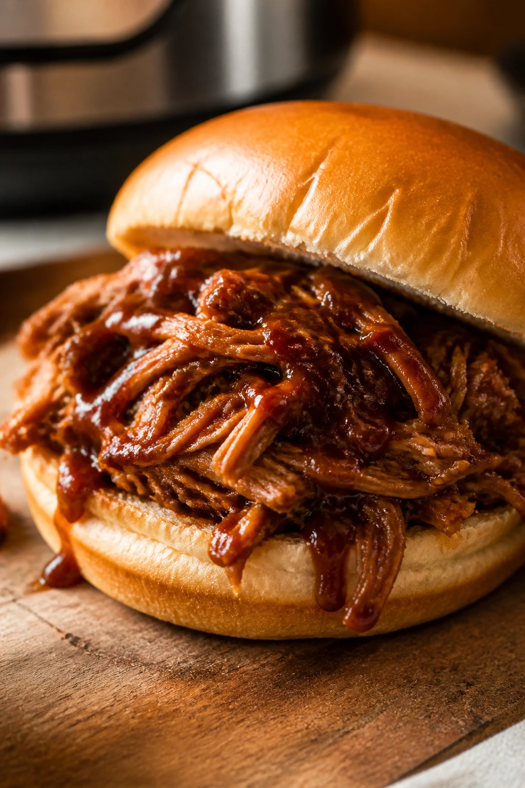 Close-up of a pulled pork sandwich with BBQ sauce on a plate