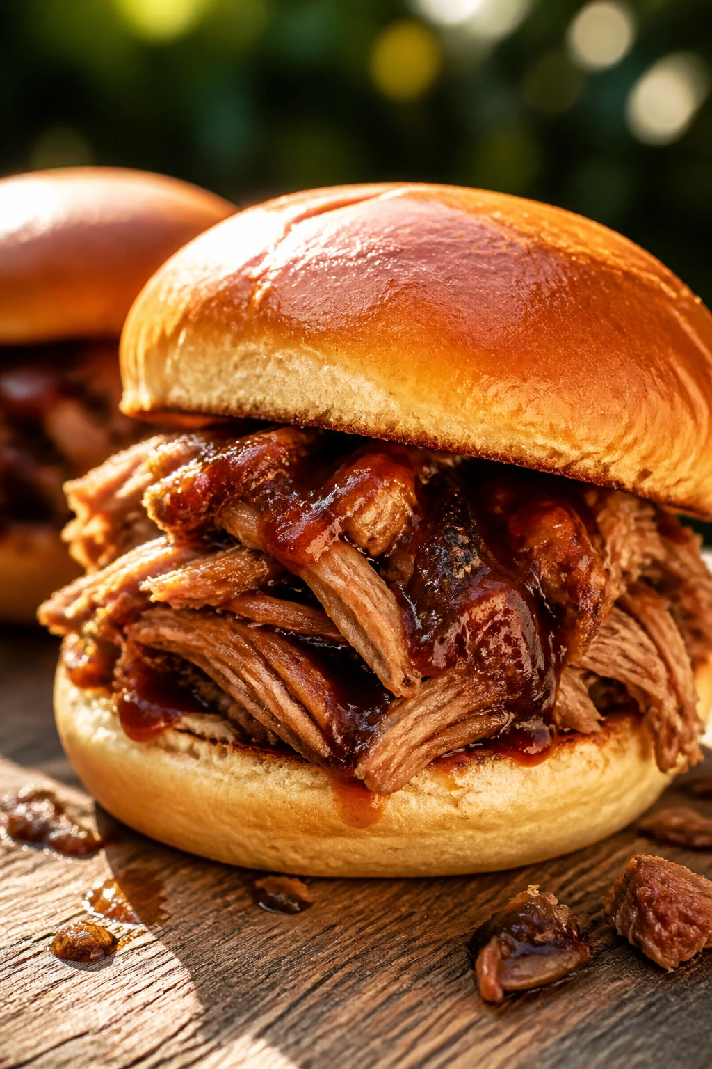 Close-up of a pulled pork sandwich on a bun with BBQ sauce on a rustic board.