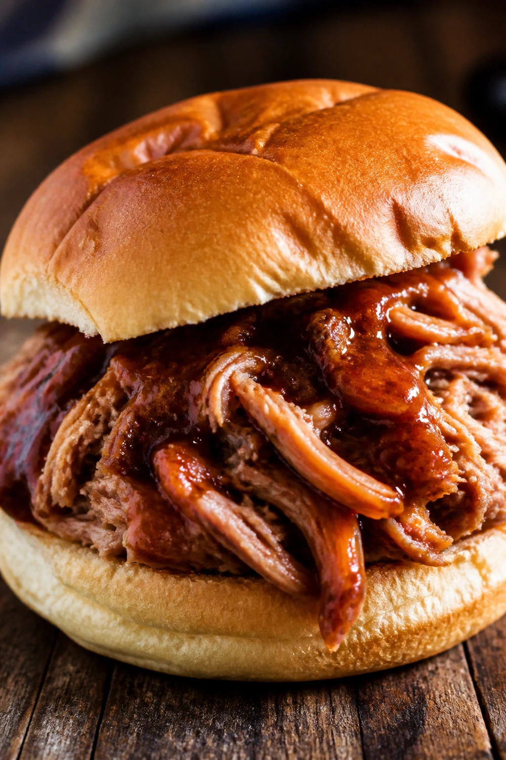 Close-up of a pulled pork sandwich with rich BBQ sauce