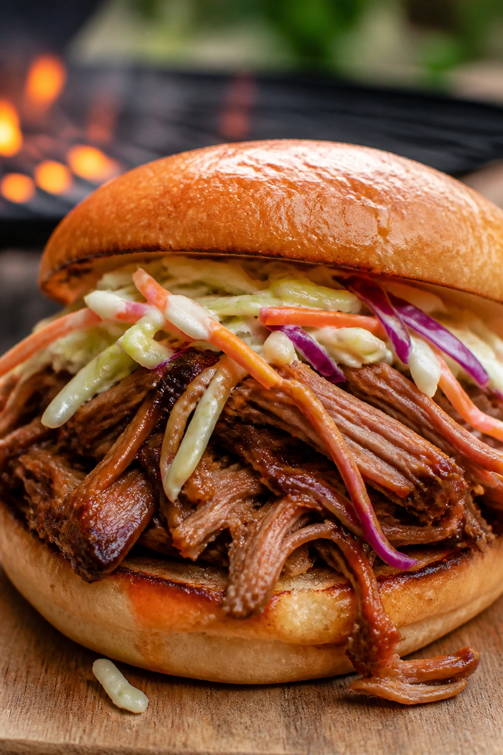 Juicy pulled pork sandwich with tangy slaw on a toasted bun in a backyard setting.