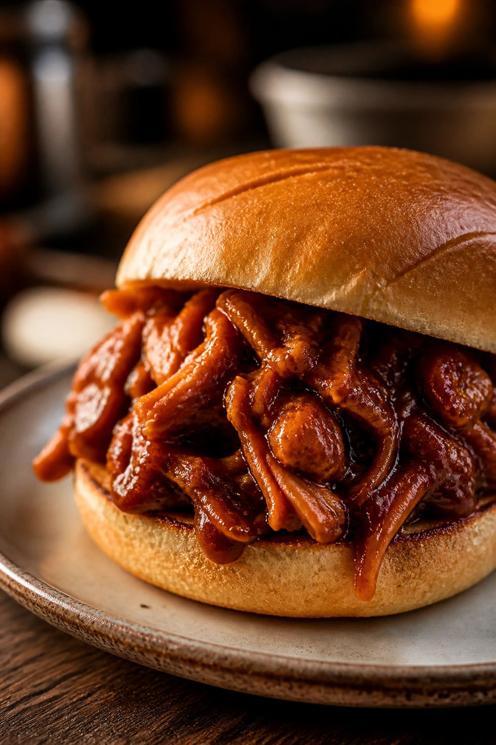 Close-up of a pulled pork sloppy joes sandwich