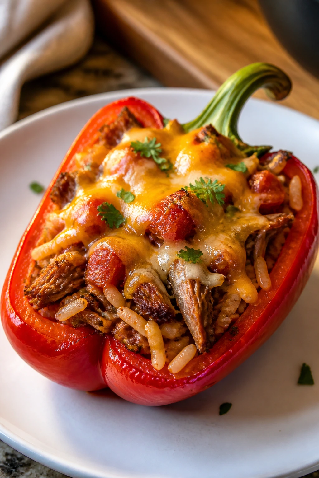 Close-up of a pulled pork stuffed pepper half