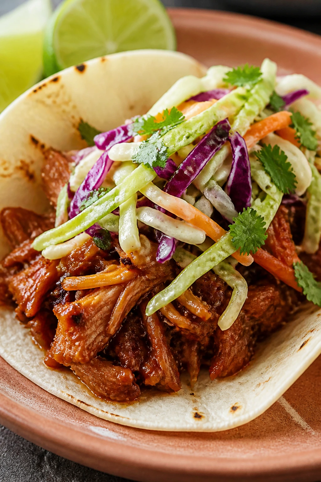 Taco with pulled pork and lime slaw on a plate