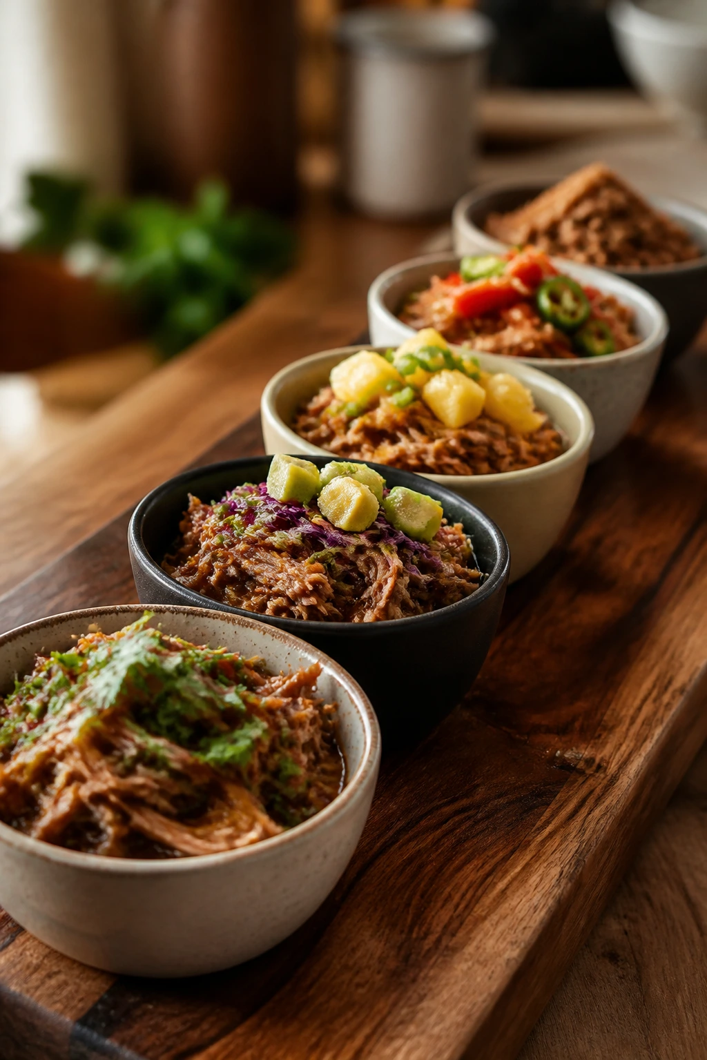 Assorted pulled pork variations on a tasting board with toppings