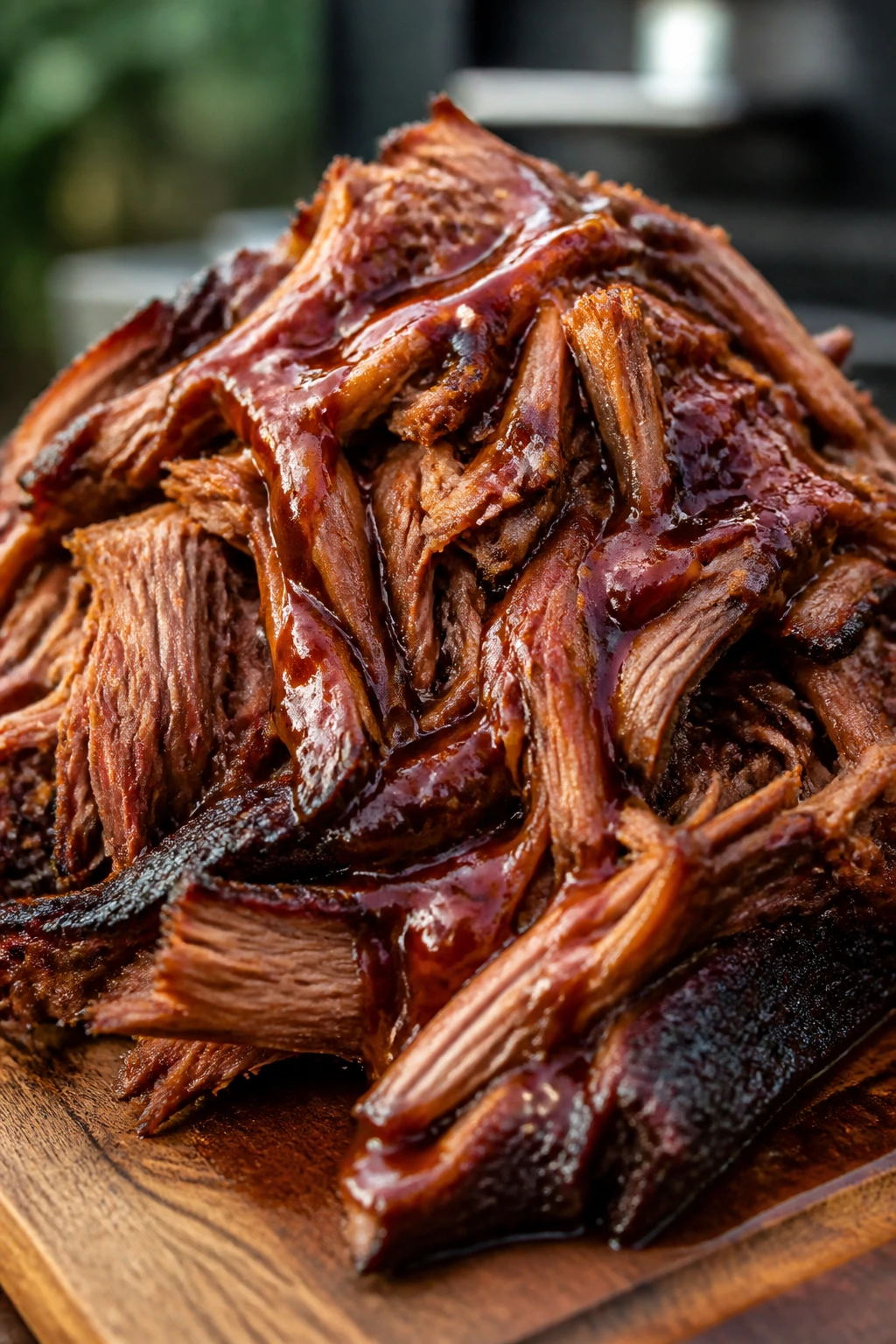 Shredded pulled pork on rustic board with vinegar BBQ sauce
