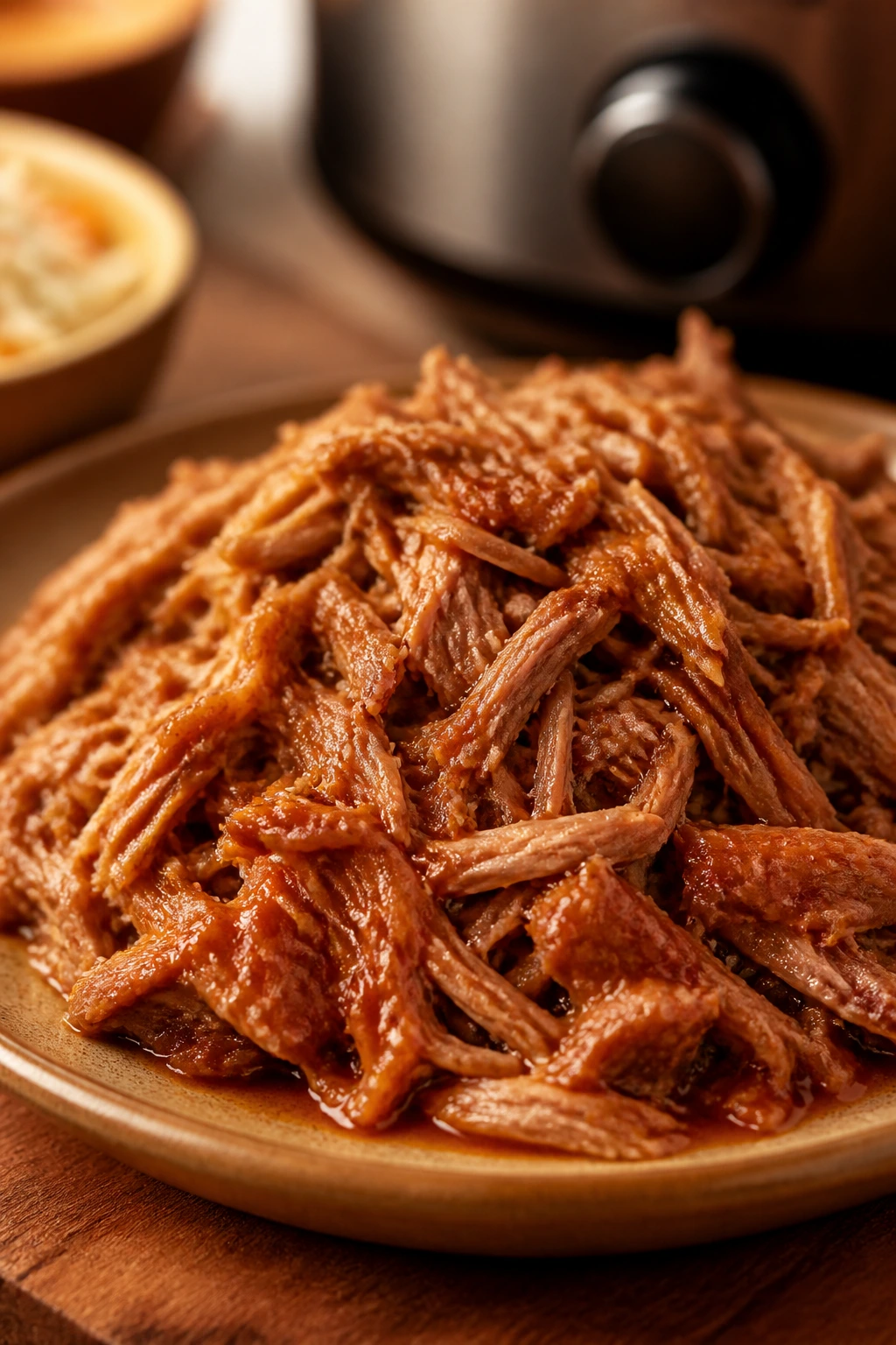 Juicy shredded pork with vinegar sauce on a plate in a cozy kitchen
