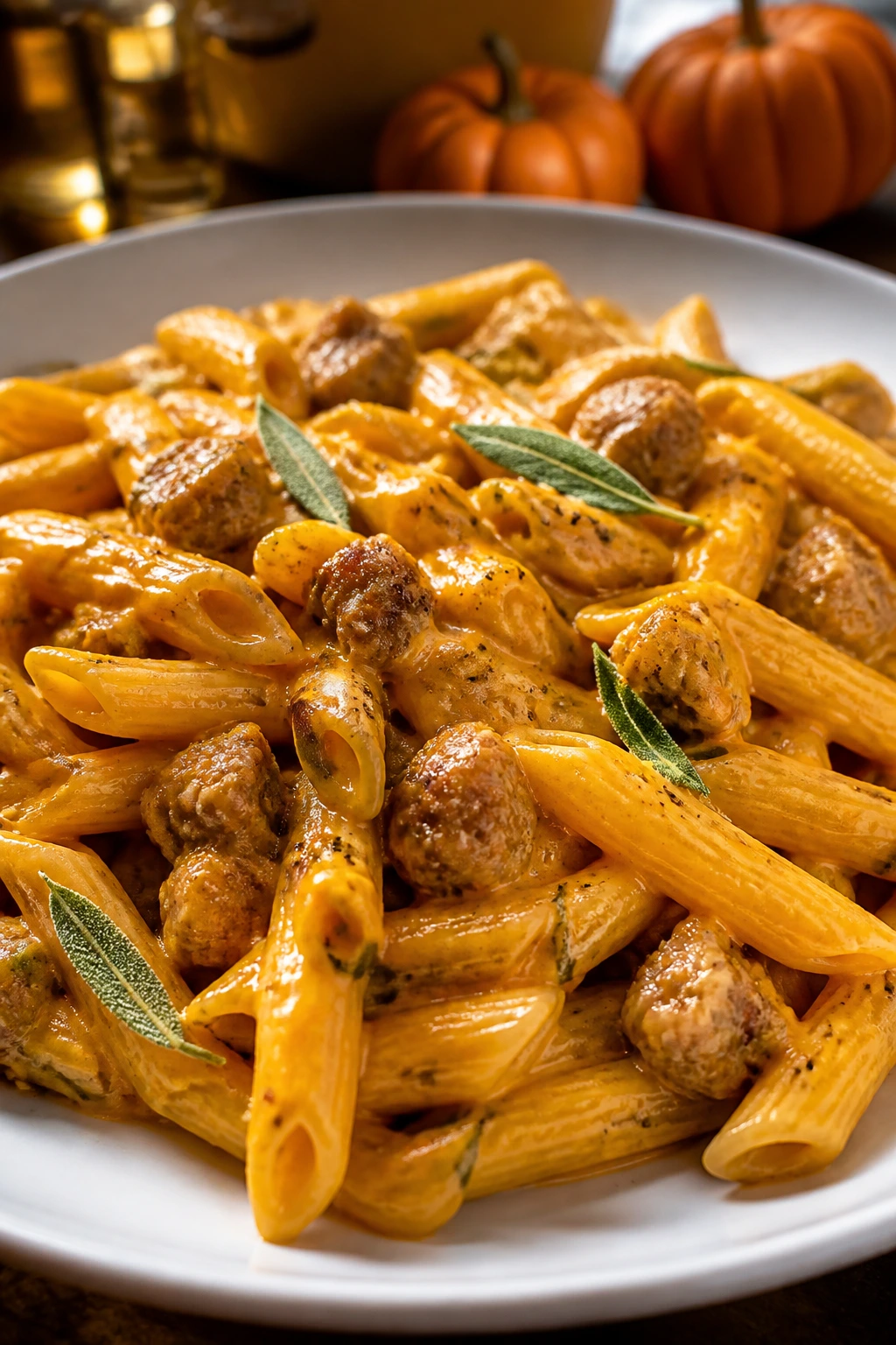 Close-up of pumpkin Alfredo sausage penne on a white plate
