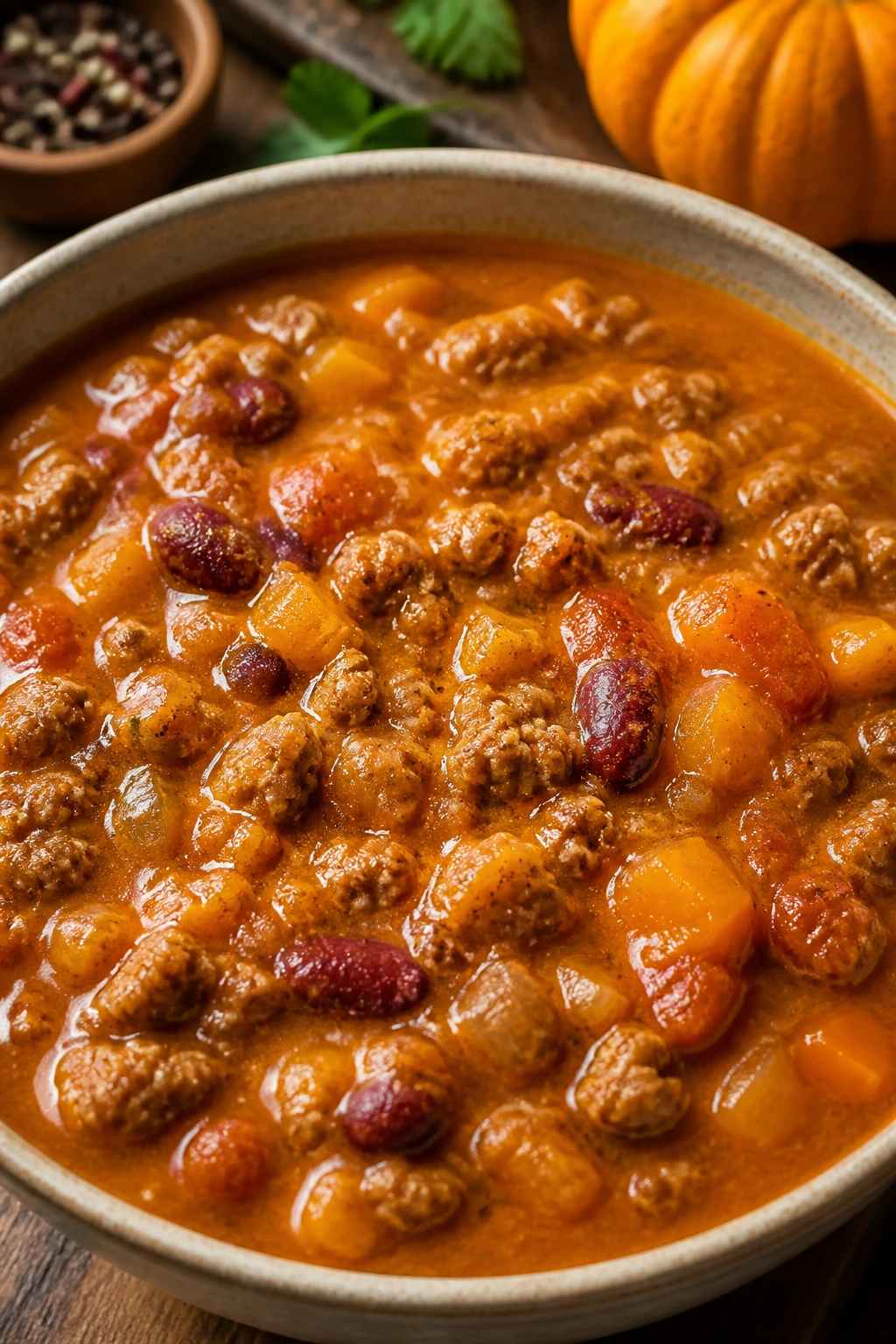 Close-up of Pumpkin Turkey Chili with pumpkin color