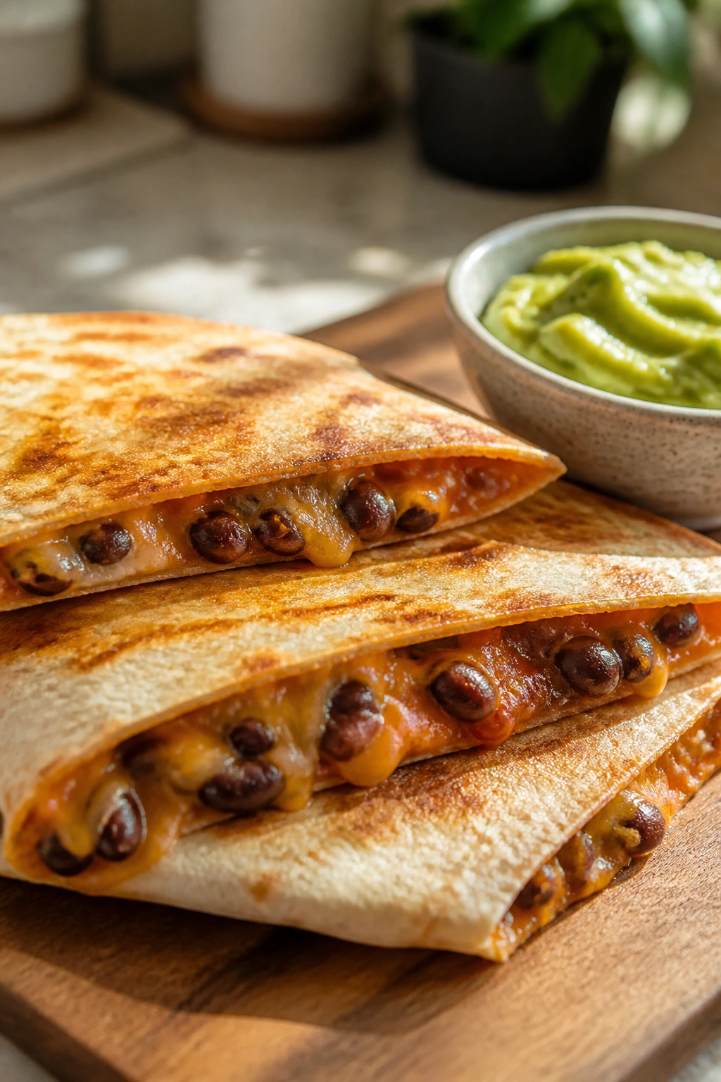 Close-up of a cheesy vegan bean quesadilla with avocado dip