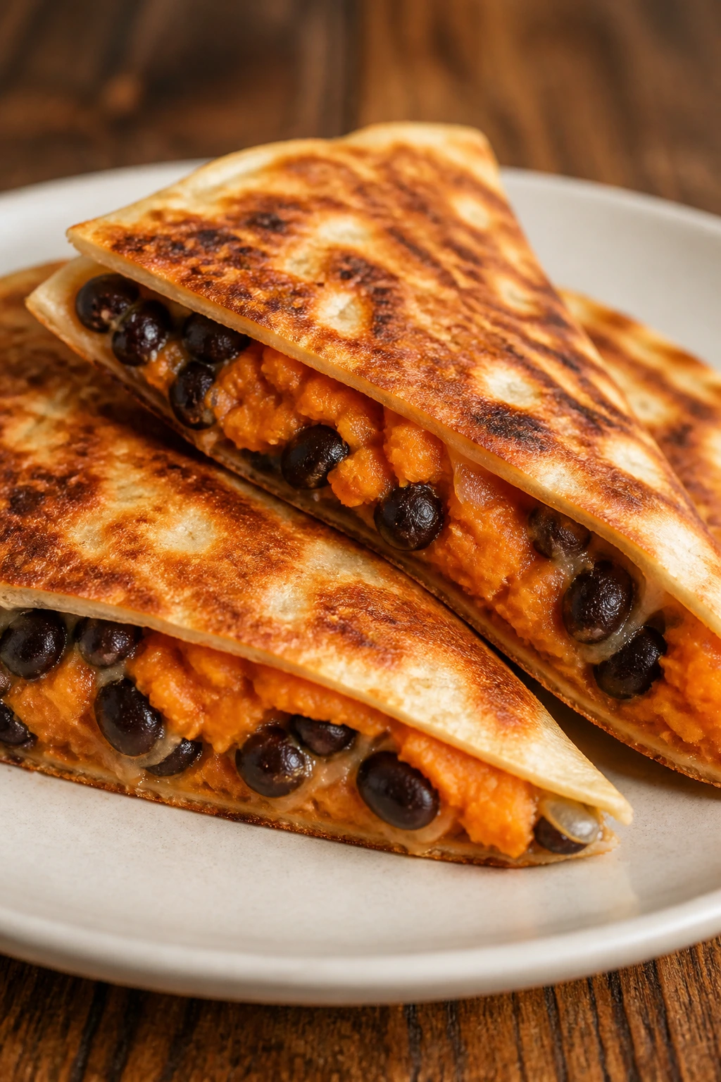Close-up of a black bean and sweet potato quesadilla wedge