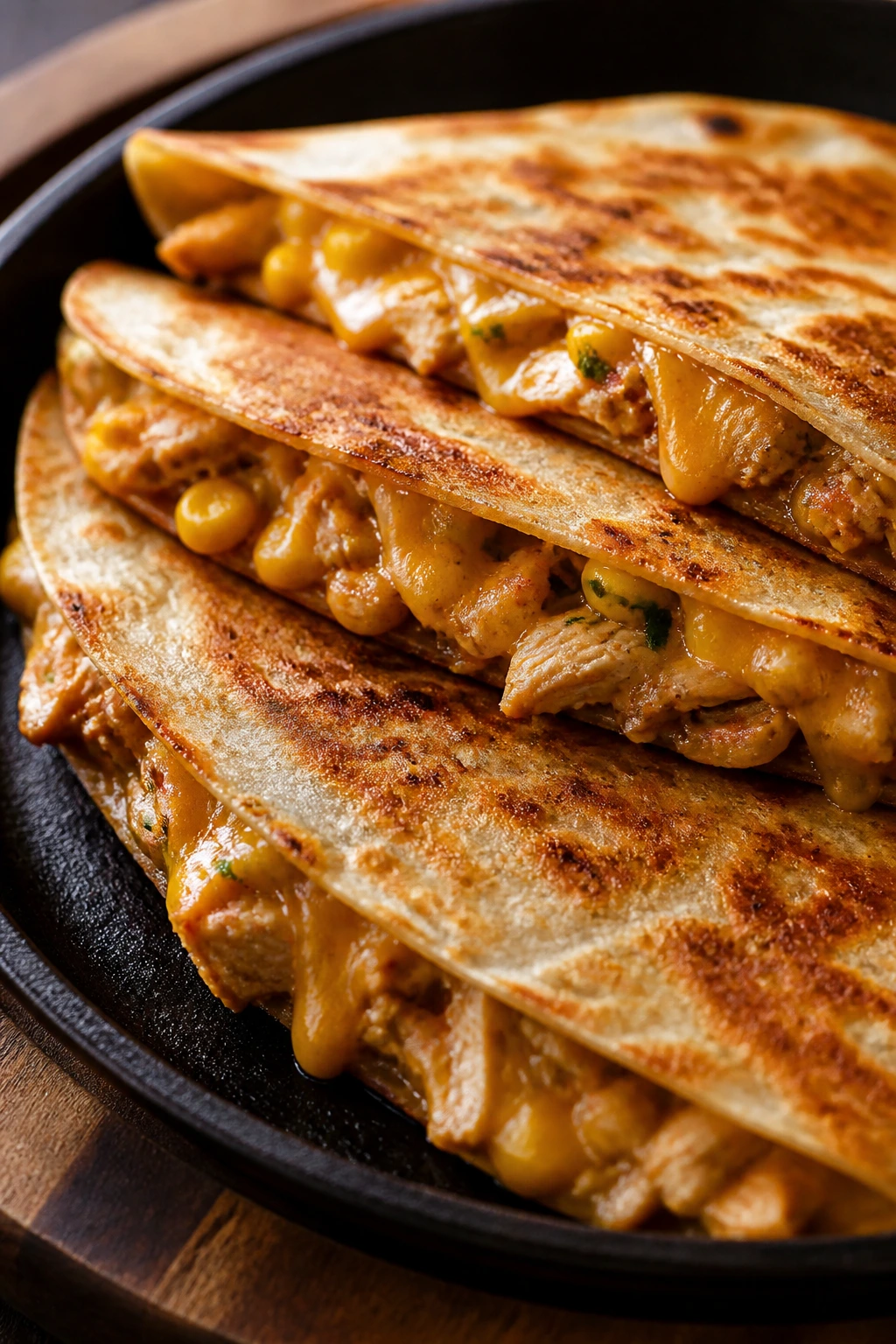 Close-up of a crispy quesadilla wedge showing chicken, corn, and cheese