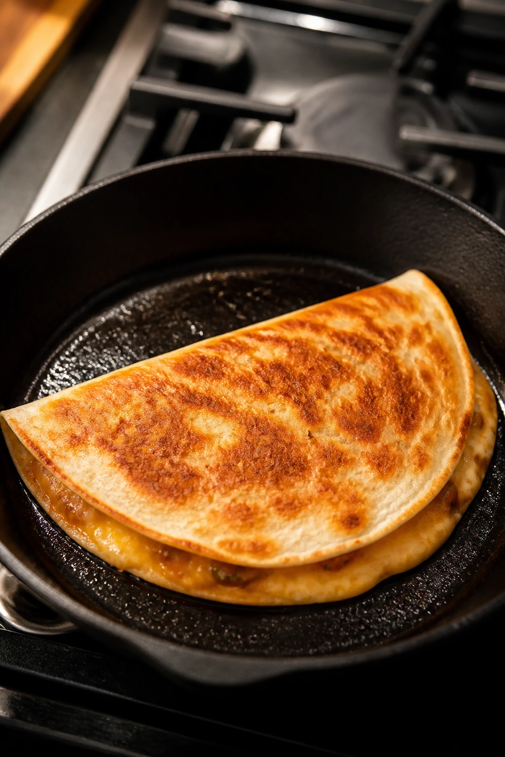 Golden-brown quesadilla cooking in a skillet with melted cheese visible