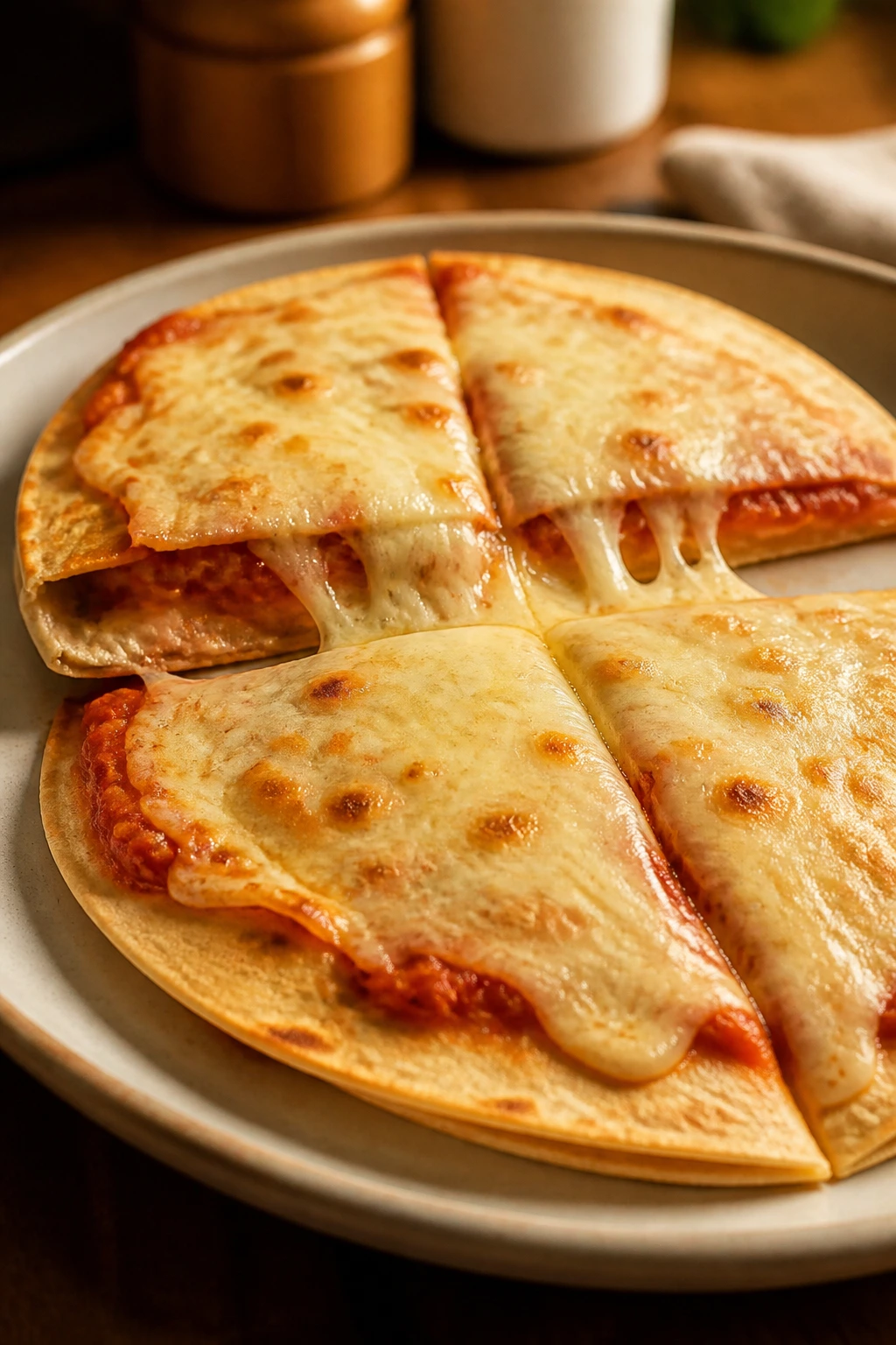 Close-up of cheesy quesadilla pizzas with melted cheese on plate