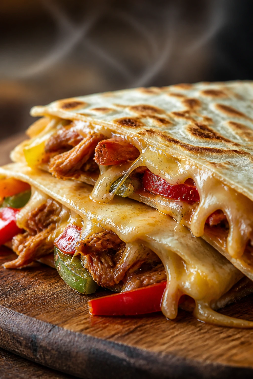Close-up of a pulled pork quesadilla wedge with peppers and cheese on a wooden board