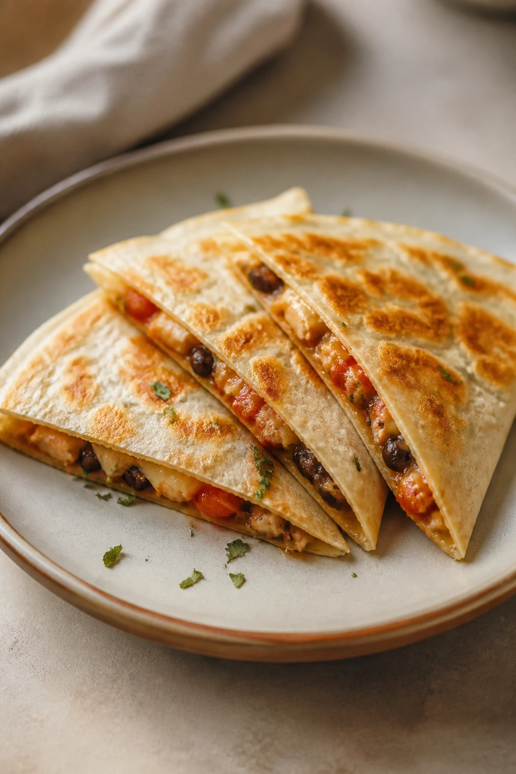 Quesadilla wedges plated neatly with crisp edges