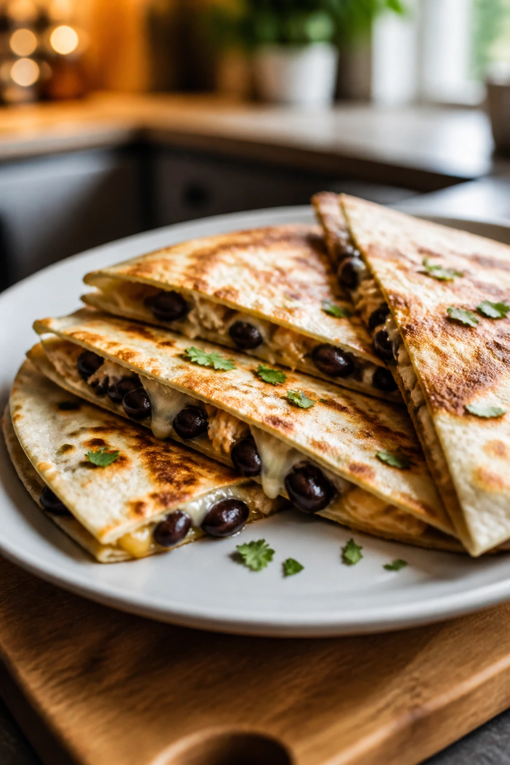 Quesadillas with chicken and black beans on a wooden board