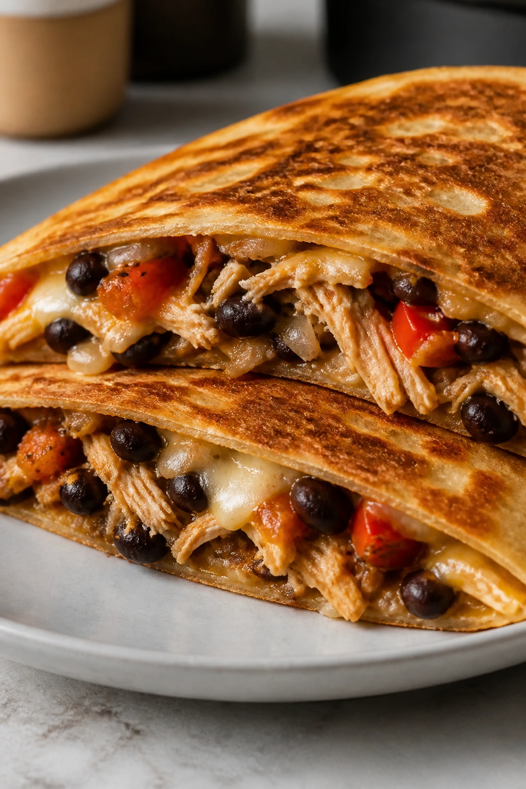 Quesadilla with rotisserie chicken, black beans, and melted cheese on a plate