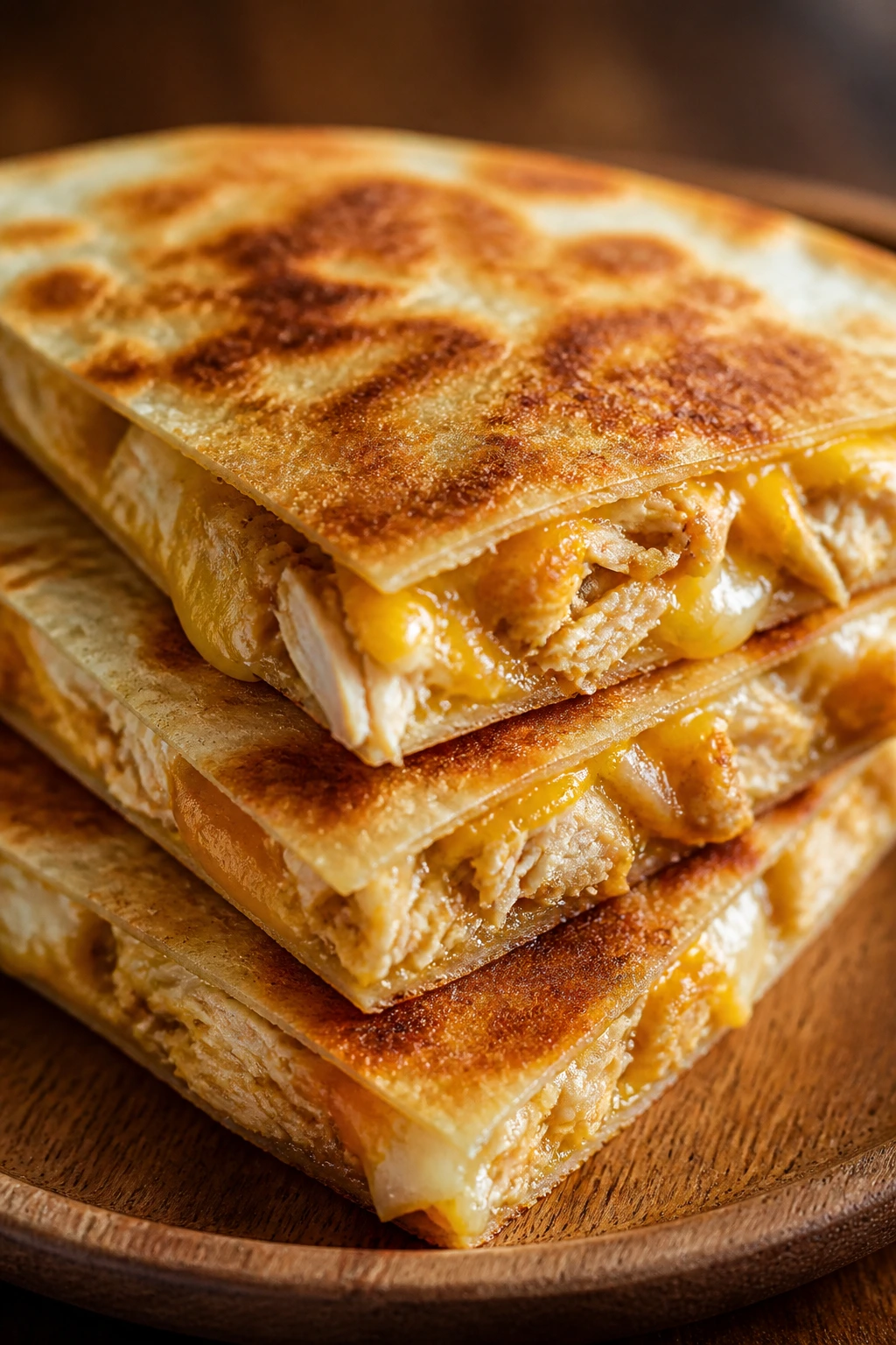 Halved crispy chicken quesadillas on a wooden plate