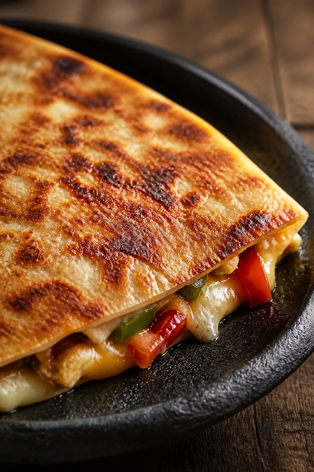 Close-up of a golden-brown quesadilla half with melted cheese and peppers in a warm kitchen