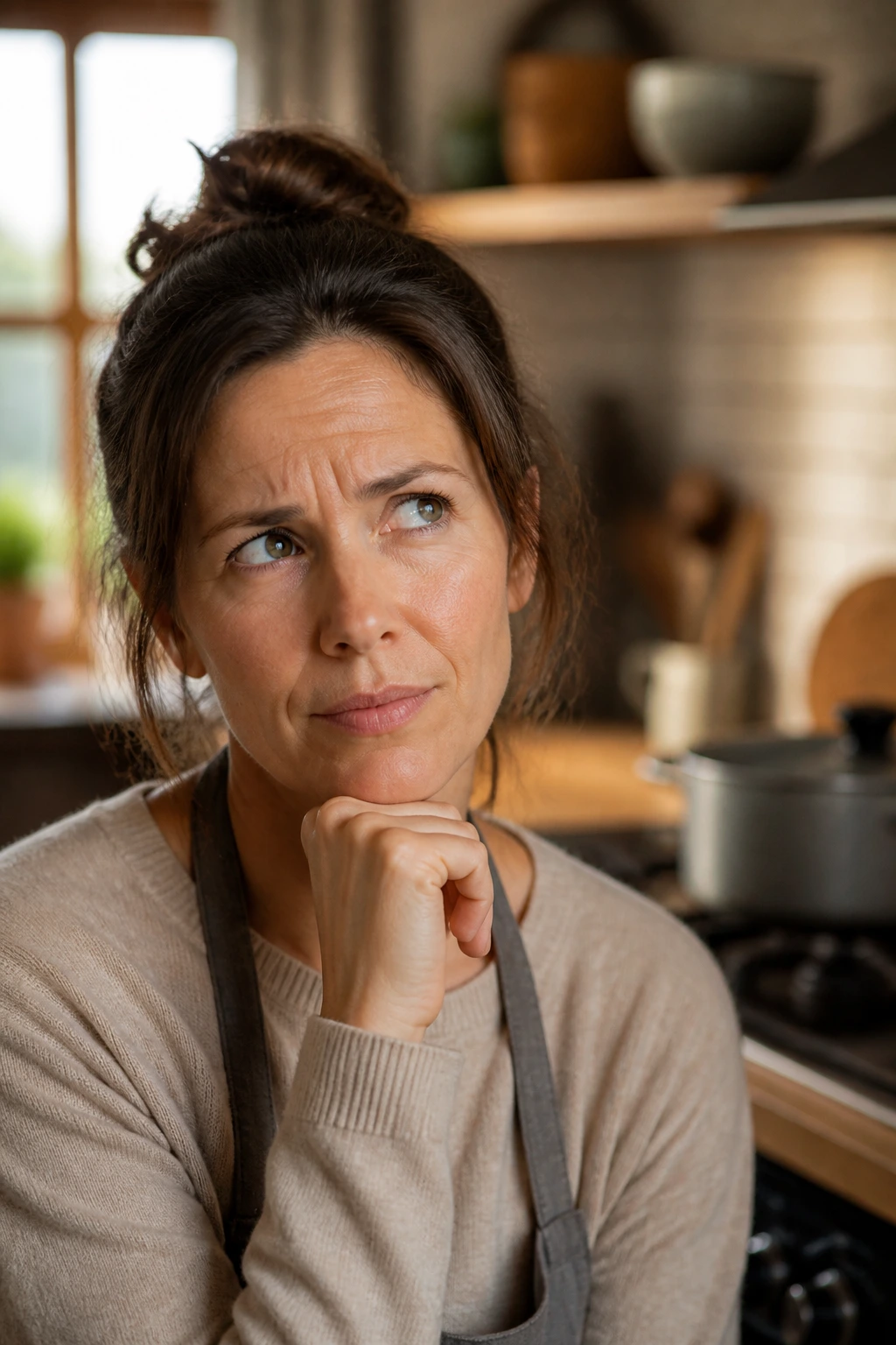 Close-up portrait of a thoughtful home cook in a warm kitchen, representing pre-cooking questions for one-pot dinners