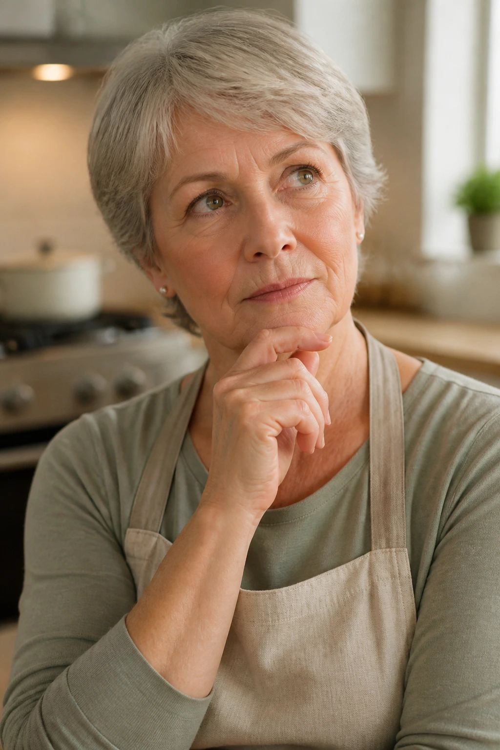 Close-up portrait of an older adult in a warm kitchen, representing questions before cooking