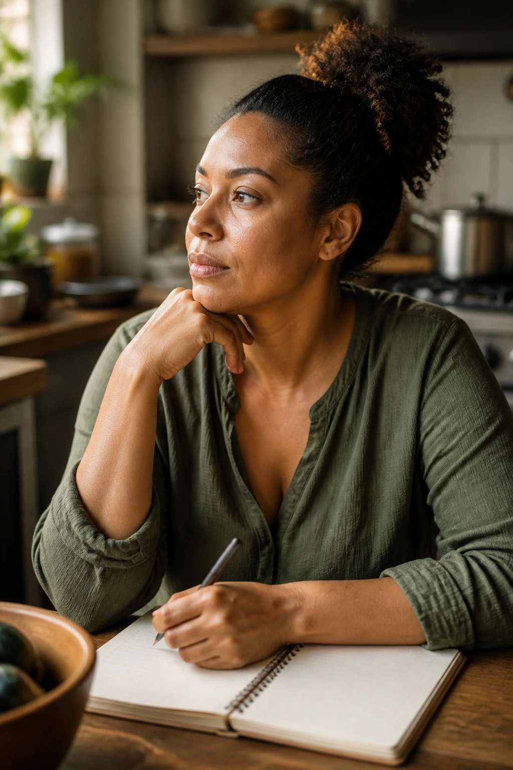 Close-up portrait of a thoughtful person in a warm kitchen with blank notebook