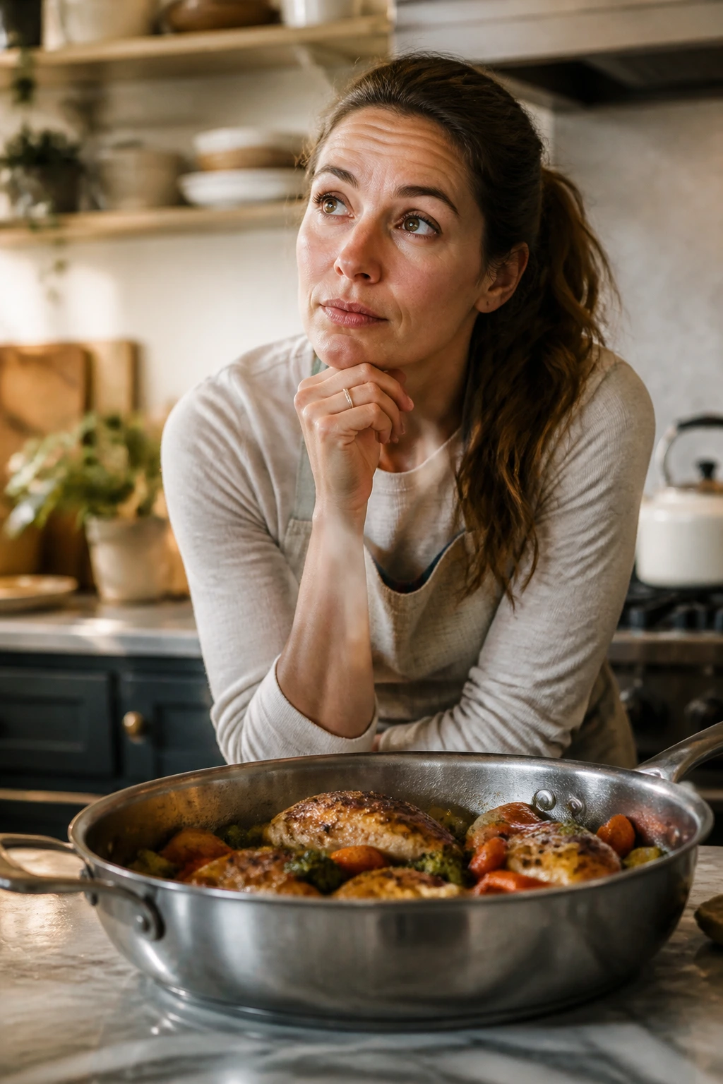 Real person in a kitchen looking thoughtful over a pan
