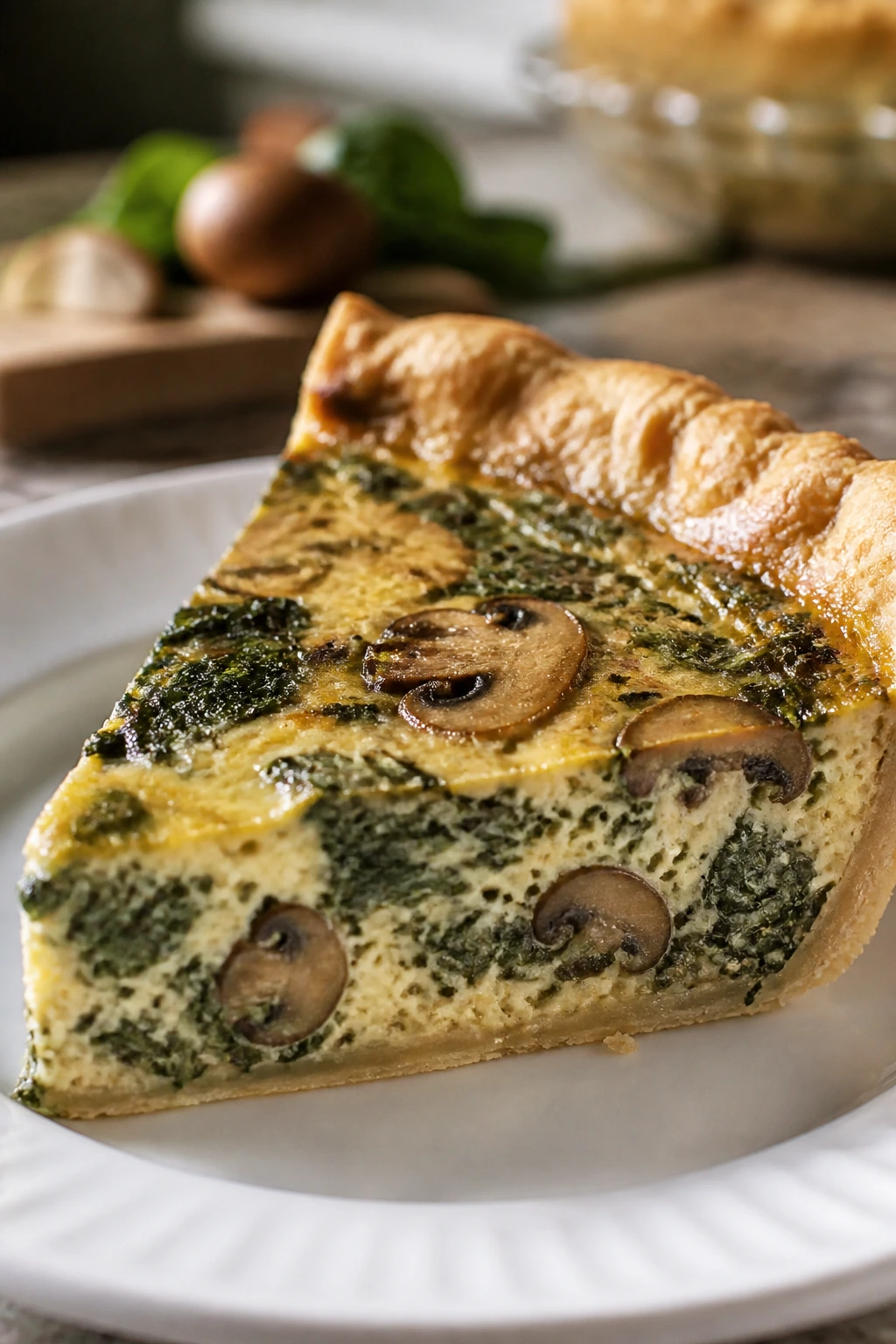 Close-up of a spinach and mushroom quiche wedge on a plate with flaky crust
