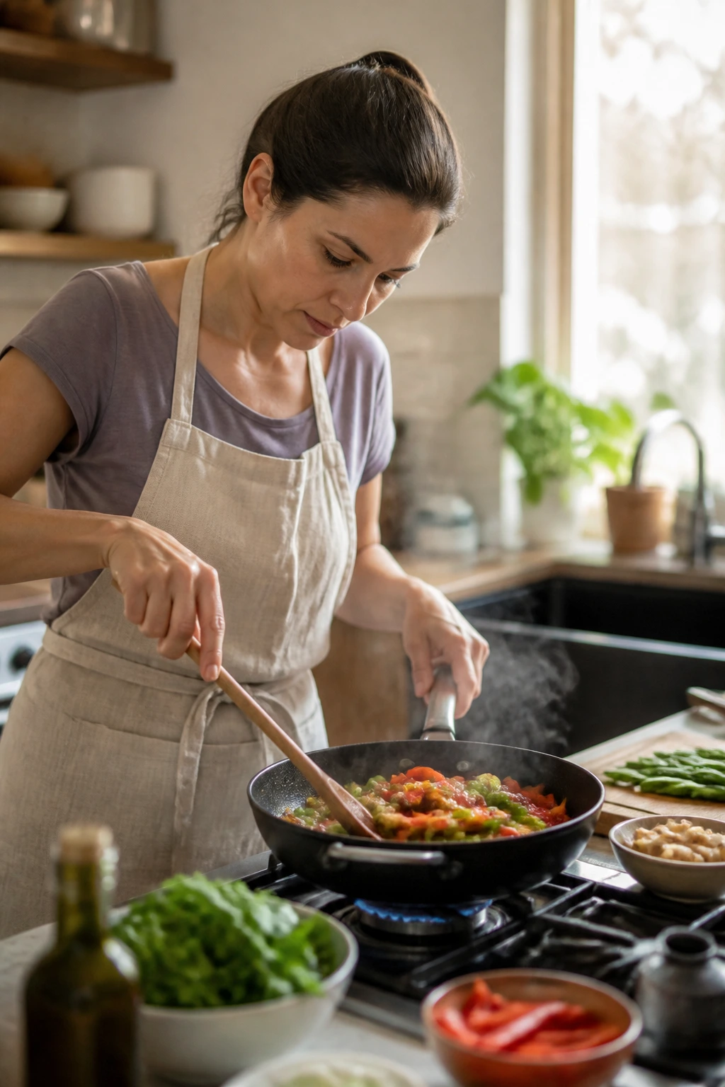 Home cook preparing a quick skillet dinner in a bright kitchen