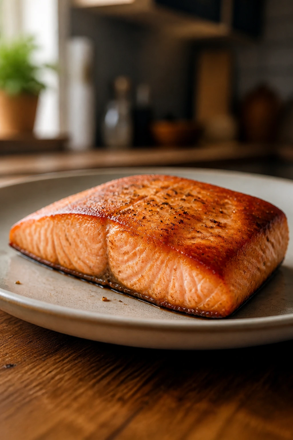 Close-up of a seared salmon fillet on a plate in a cozy kitchen
