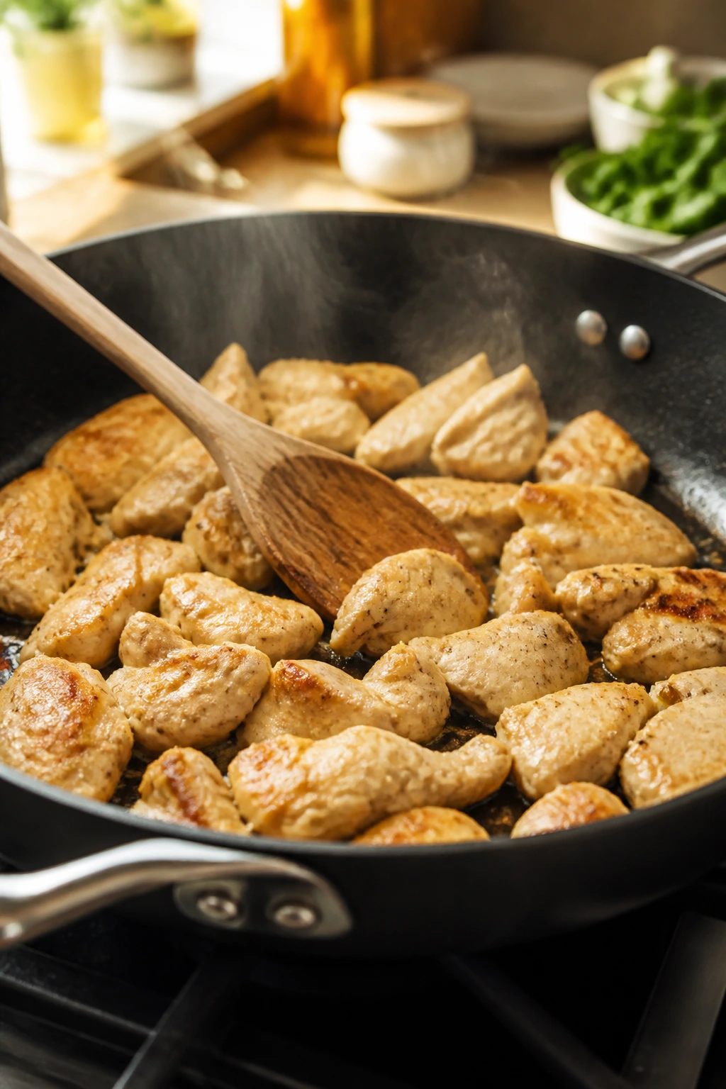 Skillet with browning chicken illustrating quick steps