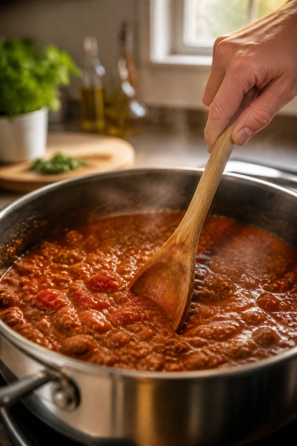 Close-up of a hand stirring turkey pasta sauce in a pot, showing quick steps cooking action