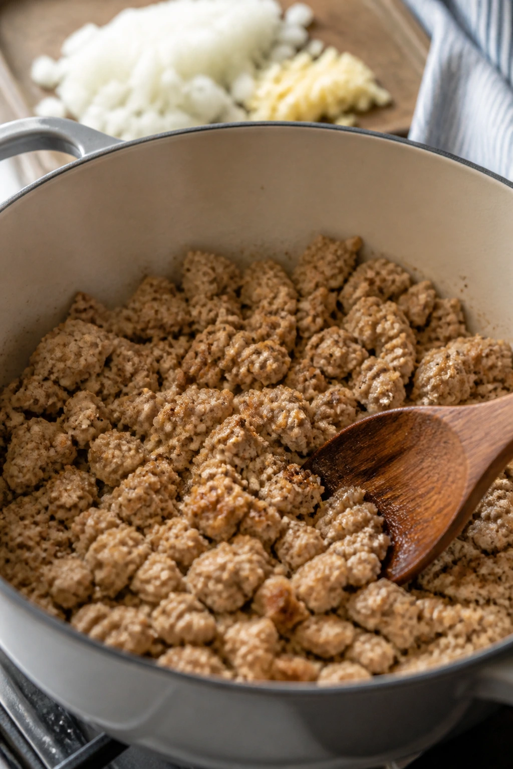 Close-up of browned ground turkey cooking with onions and garlic in a pot