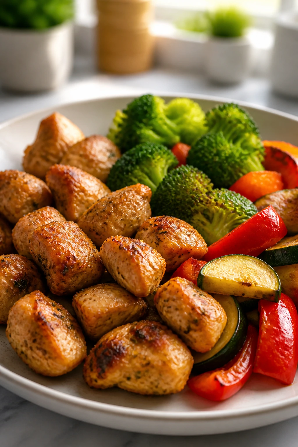 Vibrant plate of air-fried thin-cut chicken and vegetables ready in 15 minutes.