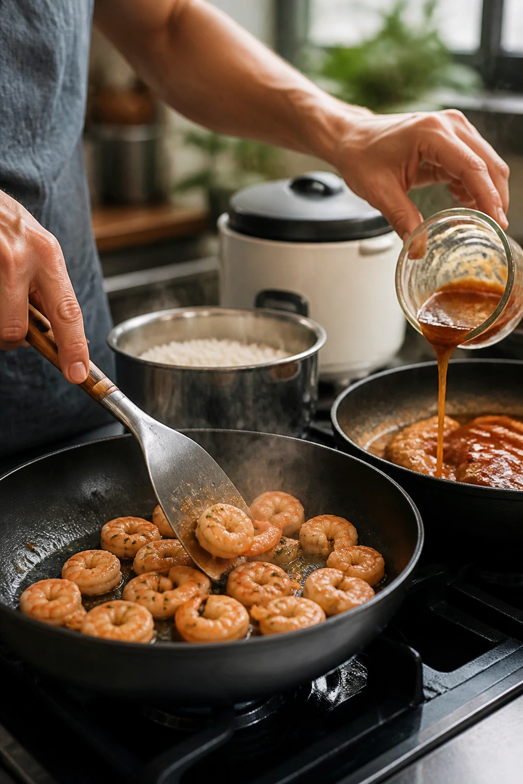 Close-up of hands cooking with two pans to depict quick dinner shortcuts